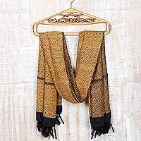 Silk shawl, 'Golden Spice' - Hand Crafted Fringed Silk Shawl from India