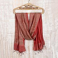 Silk shawl, 'Fusion in Red' - Artisan Crafted Reversible Silk Shawl from India