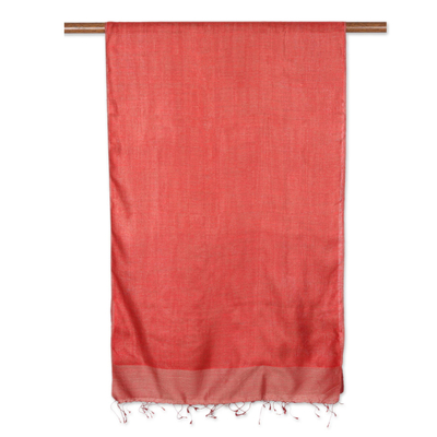 Silk shawl, 'Fusion in Red' - Artisan Crafted Reversible Silk Shawl from India