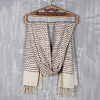 Silk shawl, 'Checkered Beauty in Burgundy' - Handmade Checkered Silk Shawl from India