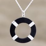 Sterling silver and ebony wood pendant necklace, 'Bright Ring' - Hand Crafted Sterling Silver and Ebony Wood Pendant Necklace