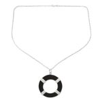 Sterling silver and ebony wood pendant necklace, 'Bright Ring' - Hand Crafted Sterling Silver and Ebony Wood Pendant Necklace