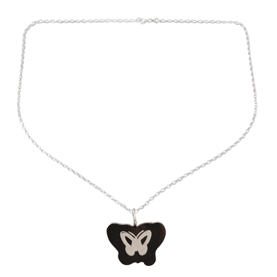 Halskette mit Anhänger aus Ebenholz - Halskette mit Schmetterlingsanhänger aus Ebenholz und Sterlingsilber