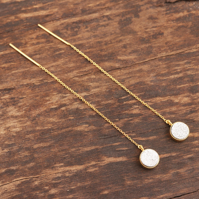 Gold plated druzy quartz threader earrings, 'Hanging Star in White' - Hand Made Gold Plated Druzy Quartz Dangle Earrings