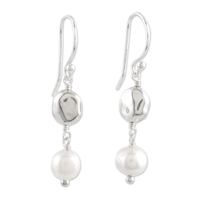 Cultured freshwater pearl dangle earrings, 'Song of Paradise in White' - Hand Made Cultured Freshwater Pearl Dangle Earrings