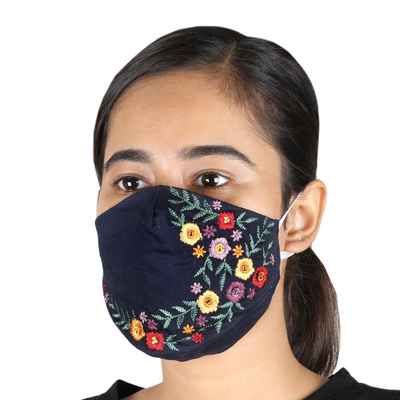 Gestickte Gesichtsmasken aus Baumwolle, (3er-Set) - Mitternachtsblaue Baumwoll-Gesichtsmasken mit Stickerei (3er-Set)