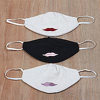 Cotton face masks, 'Happy Smile' (set of 3) - Smile Embroidered All Cotton Face Masks (Set of 3)