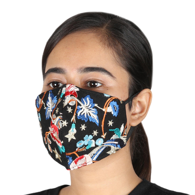 Cotton face masks, 'Delhi Glamour' (pair) - Embroidered Black Three Layer Face Masks (Pair)