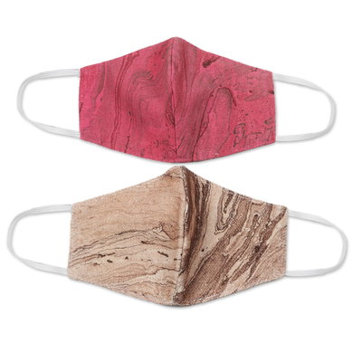 Cotton face masks, 'Marbled Chestnut Rose' (pair) - Hand Painted Face Masks 1 in Rose-1 in Brown