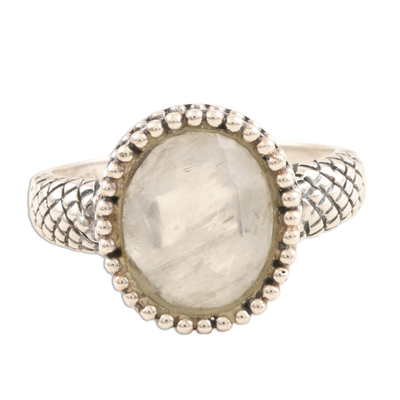 Rainbow moonstone single-stone ring, 'Sparkling Mist' - Checkerboard Faceted Rainbow Moonstone Sterling Silver Ring