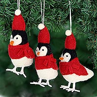 Wool felt ornaments, 'Bundle Up' (set of 3) - Set of 3 Wool Felt Penguin Ornaments