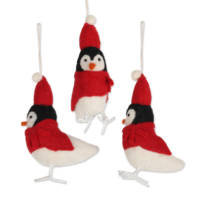Wool felt ornaments, 'Bundle Up' (set of 3) - Set of 3 Wool Felt Penguin Ornaments