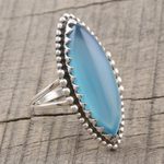 Chalcedony cocktail ring, 'Sky Royal' - Marquise Bezel Set Blue Chalcedony Cabochon Cocktail Ring