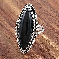 Onyx cocktail ring, 'Regal Royal' - Marquise Bezel Set Black Onyx Cabochon Cocktail Ring
