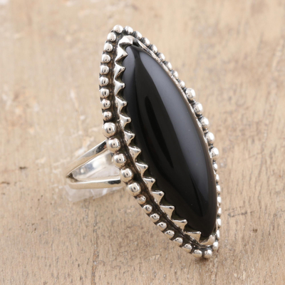 Onyx cocktail ring, 'Regal Royal' - Marquise Bezel Set Black Onyx Cabochon Cocktail Ring
