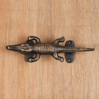 Brass door handle, 'Crocodile' - Distressed Brass Crocodile Door Handle