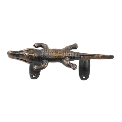 Brass door handle, 'Crocodile' - Distressed Brass Crocodile Door Handle