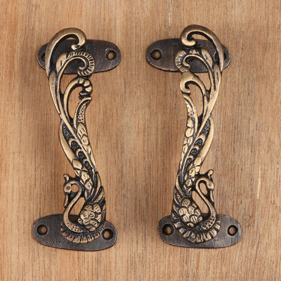 Brass door handles, 'Royal Peacocks' (pair) - Brass Peacock Door Handle Pair