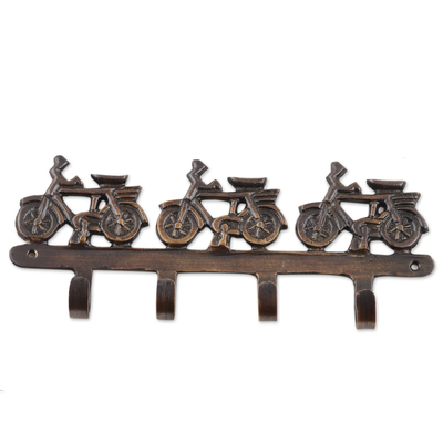 Brass coat or key rack, 'Bicycle Race' - Bicycle Race Coat or Key Hooks Brass