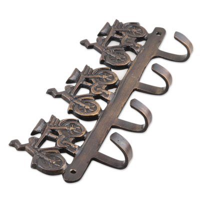 Brass coat or key rack, 'Bicycle Race' - Bicycle Race Coat or Key Hooks Brass