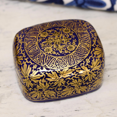 Papier mache decorative box, 'Blue Golden Bouquet' - Handmade Blue Papier Mache Golden Floral Decorative Box