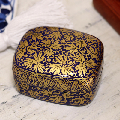 Dekorative Schachtel aus Pappmaché - Handgefertigte blaue Pappmaché-Dekorationsbox mit goldenem Blatt