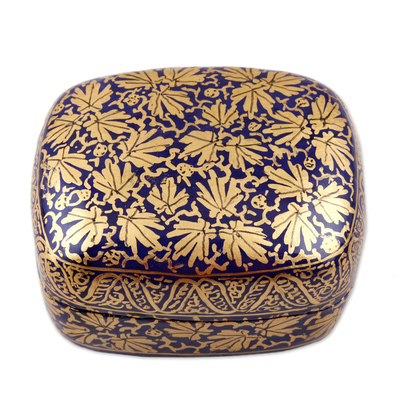 Papier mache decorative box, 'Blue Golden Foliage' - Handmade Blue Papier Mache Golden Leaf Decorative Box