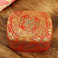 Papier mache decorative box, 'Red Golden Bouquet' - Handmade Red Papier Mache Golden Floral Decorative Box