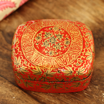 Papier mache decorative box, 'Red Golden Bouquet' - Handmade Red Papier Mache Golden Floral Decorative Box