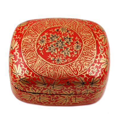 Caja decorativa de papel maché, 'Ramo dorado rojo' - Caja decorativa floral dorada de papel maché rojo hecha a mano