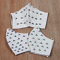 Cotton face masks, 'Embroidered Leaves' (set of 3) - 3 Embroidered Contoured Cotton 3-Layer Face Masks