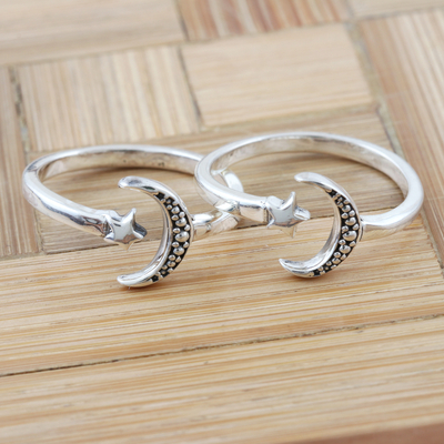 Sterling silver toe rings, 'Match Made in Heaven' (pair) - Handmade Sterling Silver Star and Moon Toe Rings (Pair)