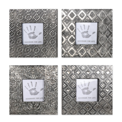 Aluminum photo frames, 'Assorted Beauty' (3x3, set of 4) - Embossed Aluminum Photo Frames (3x3, Set of 4)