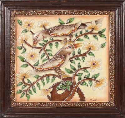 Arte de la pared de mármol - Arte de pájaro pintado a mano enmarcado de la India