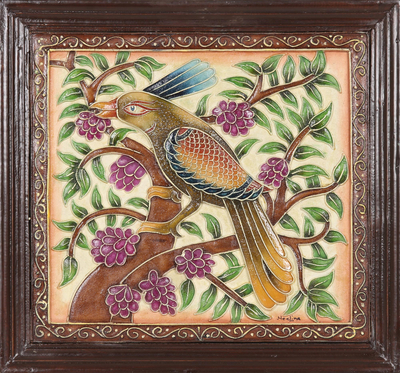 Marble wall art, 'Exotic Bird' - Framed Hand Crafted Bird Art from India