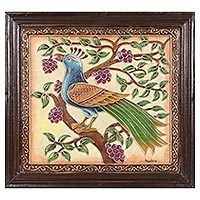 Marble wall art, 'Long-Tailed Bird' - Framed Handmade Bird Art from India