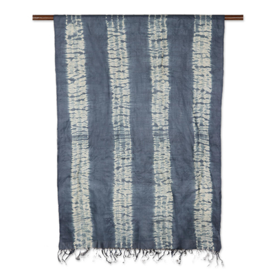 Tie-dyed silk shawl, 'Sea Storm' - Artisan Made Blue and Ivory Tie-Dyed Silk Shawl