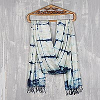 Tie-dyed silk shawl, 'Ebb and Flow in Navy' - Navy and Ivory Tie-Dyed Silk Shawl from India