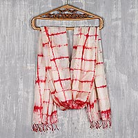 Tie-dyed silk shawl, 'Ebb and Flow in Red' - Artisan Crafted Crimson and Ivory Tie-dyed Silk Shawl