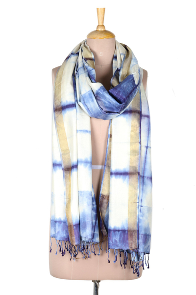 Tie-dyed silk shawl, 'Blue Tide' - Artisan Crafted Tie-Dyed Silk Shawl from India