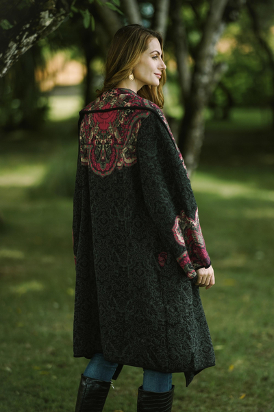 Viscose blend jacquard knit sweater coat, 'Flower Days' - Knit Floral Viscose Blend Women's Coat from India