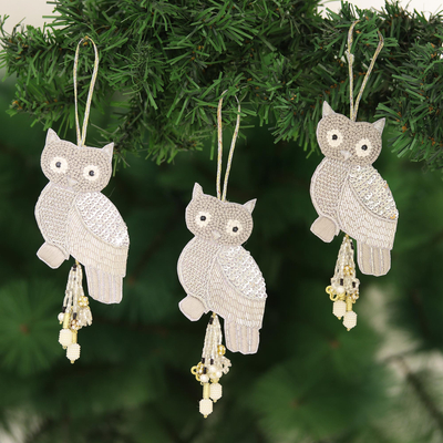 Beaded cotton ornaments, 'Owl Glitz' (set of 3) - Beaded Owl Christmas Ornaments (Set of 3)