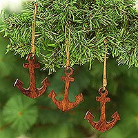 Wood Anchor Ornaments Handmade in India (Set of 3),'Anchors Aweigh'