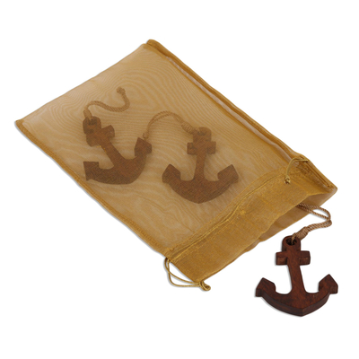 Wood ornaments, 'Anchors Aweigh' (set of 3) - Wood Anchor Ornaments Handmade in India (Set of 3)