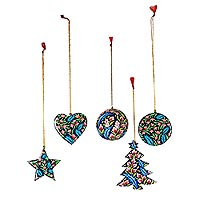 Wood ornaments, 'Festive Fusion' (set of 6) - Multicolored Floral Hand-Painted Wood Ornaments (Set of 6)