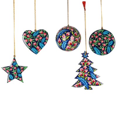 Wood ornaments, 'Festive Fusion' (set of 6) - Multicolored Floral Hand-Painted Wood Ornaments (Set of 6)