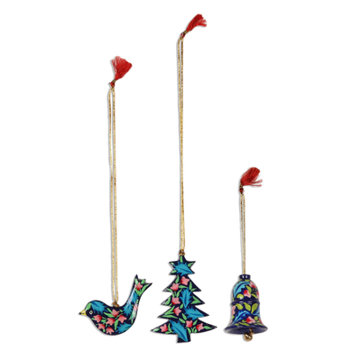 Wood ornaments, 'Festive Flowers' (set of 3) - Hand-Painted Floral Ornaments (Set of 3)