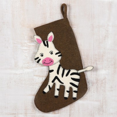 Wool felt Christmas stocking, 'Zany Zebra' - Wool Felt Christmas Stocking Zebra