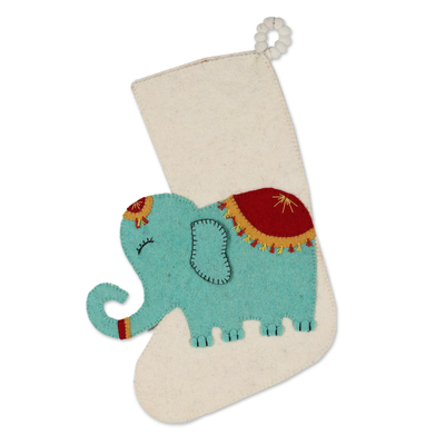 Wool Christmas stocking, 'Festive Elephant in Ivory' - Handmade Wool Christmas Stocking