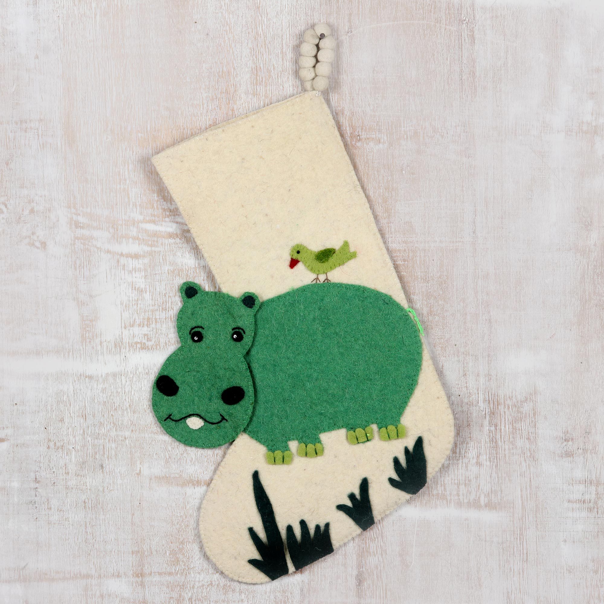 Hippo Wool Felt Christmas Stocking Happy Hippo NOVICA